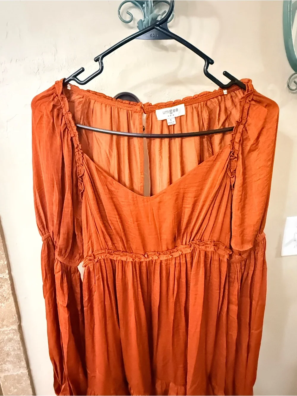 Umgee Rust Orange Long Sleeve Tiered Ruffle Mini Dress